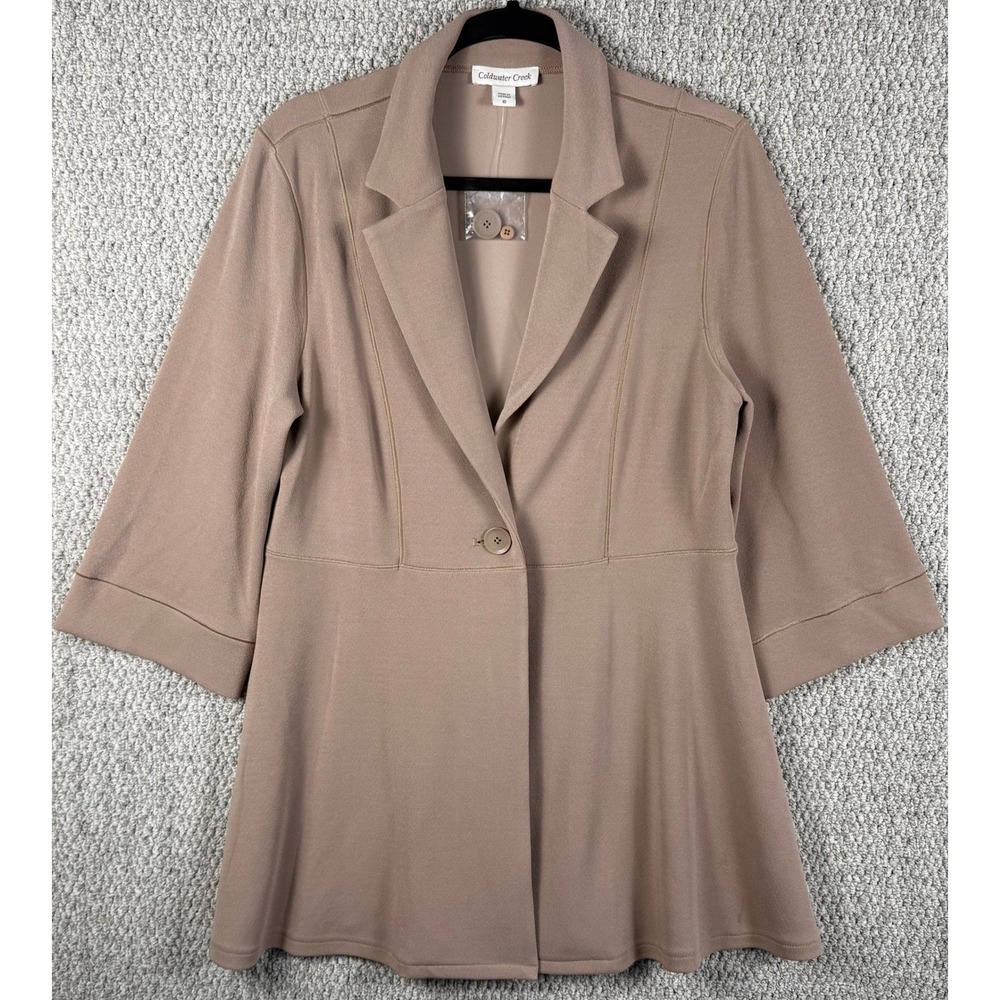 Coldwater Creek Blazer Jacket 10 Tan Peplum 3/4 Sleeve Knit Work Office